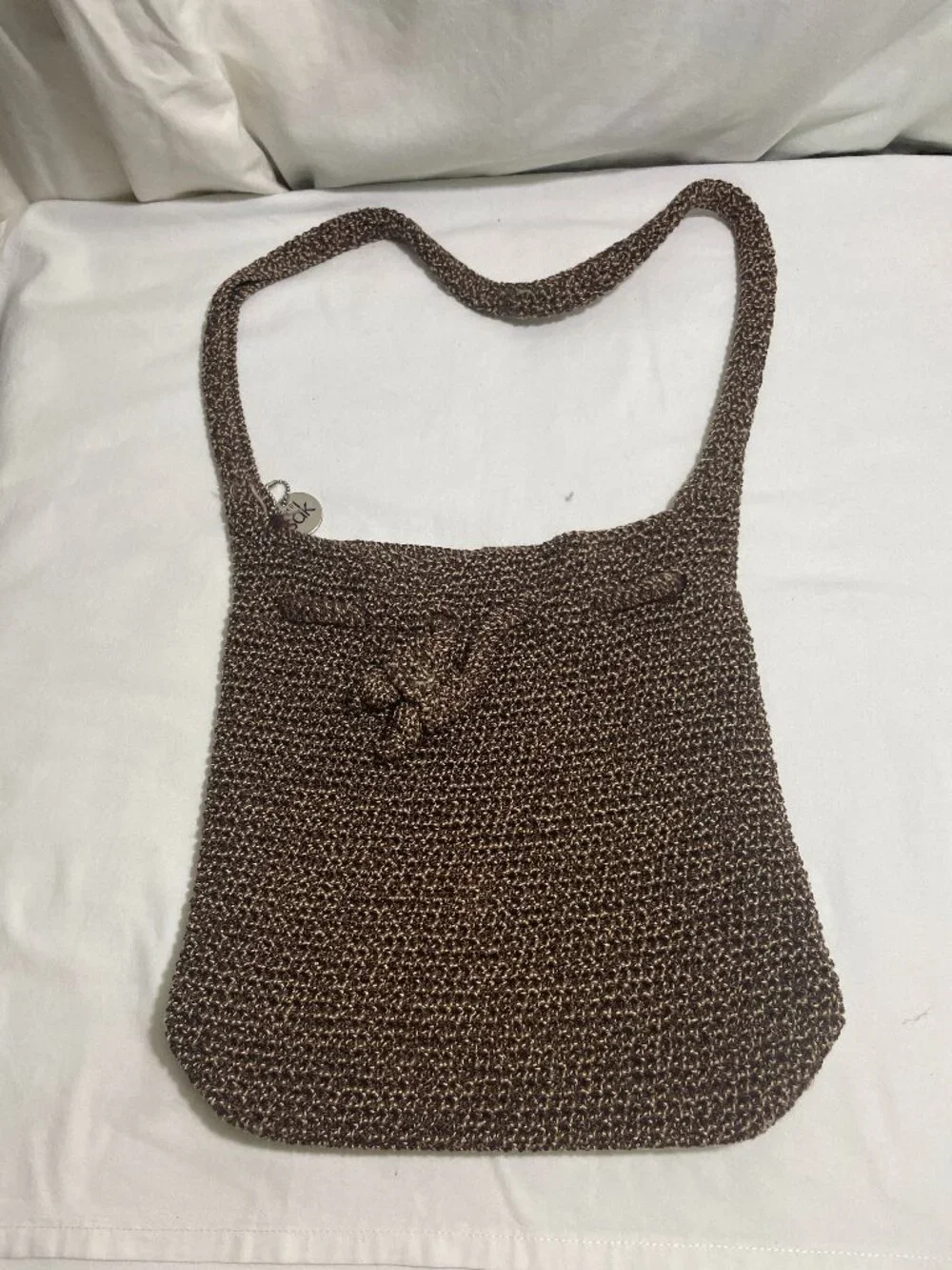 The Sak Brown Crochet Knit Drawstring Shoulder Bag Boho Slouch Hobo Purse